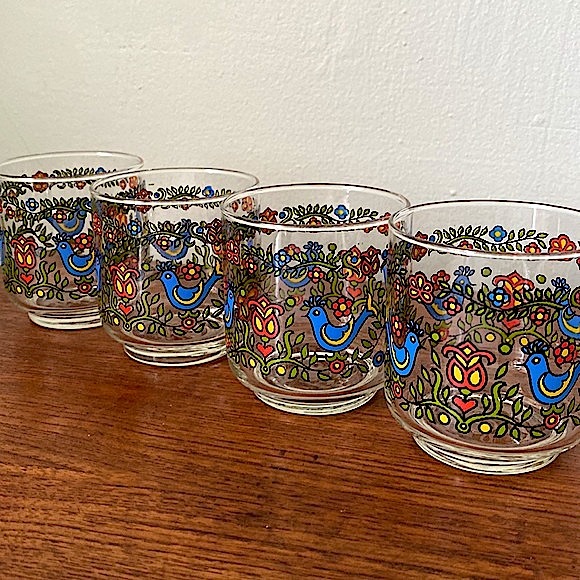 VTG 70s Libbey Glass Tumblers Friendship Blue Bird Country Festival Set of 4 x 2